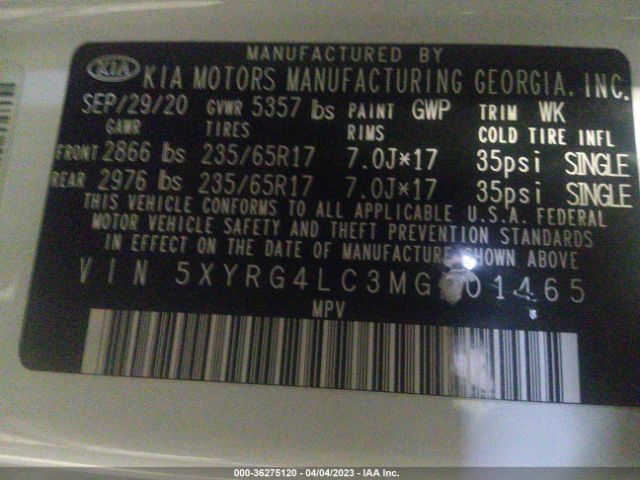 5XYRG4LC3MG001465 KIA SORENTO LX