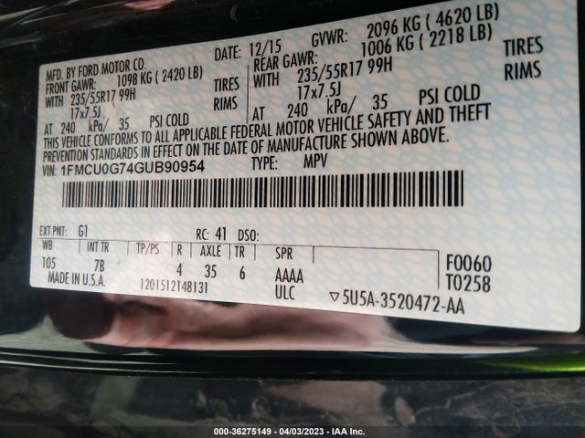 Ford ESCAPE SE 2016 1FMCU0G74GUB90954 Image 9
