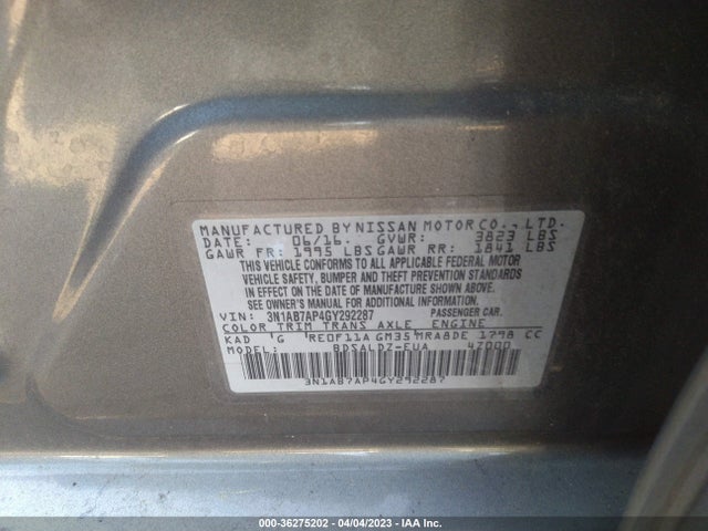2016 NISSAN SENTRA SV VIN: 3N1AB7AP4GY292287