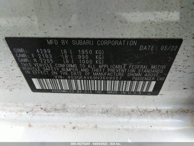 2022 SUBARU IMPREZA PREMIUM VIN: 4S3GKAV69N3609007