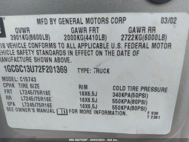 2002 CHEVROLET SILVERADO 1500HD LS VIN: 1GCGC13U72F201369