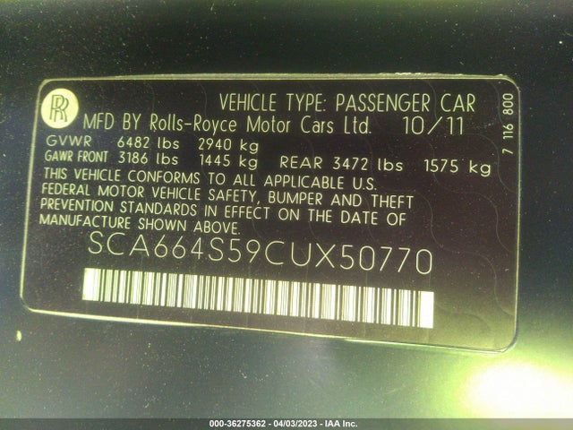 2012 ROLLS-ROYCE GHOST VIN: SCA664S59CUX50770
