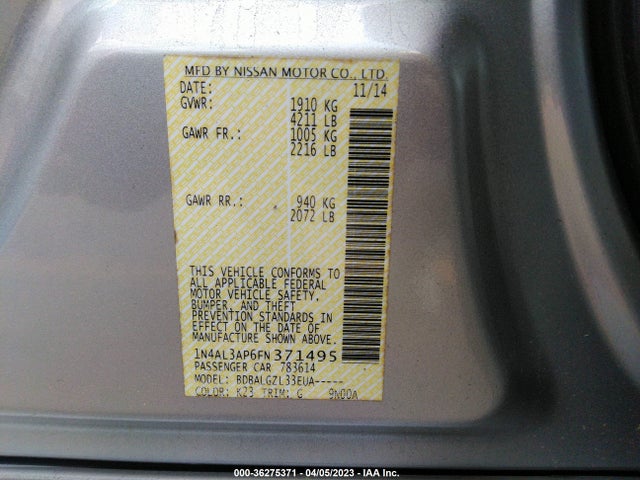 2015 NISSAN ALTIMA 2.5 VIN: 1N4AL3AP6FN371495