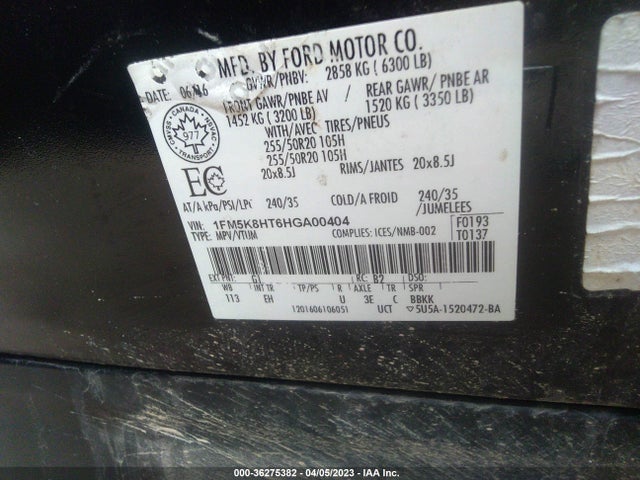 2017 FORD EXPLORER PLATINUM VIN: 1FM5K8HT6HGA00404