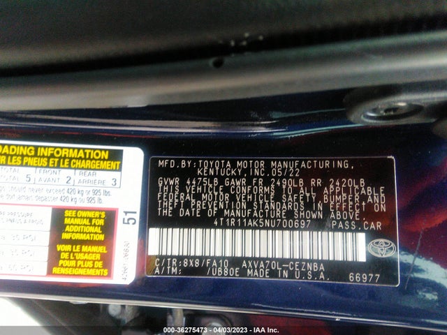 2022 Toyota Camry, VIN: 4T1R11AK5NU700697