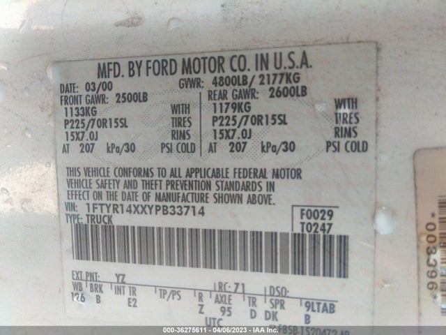 2000 FORD RANGER XLT VIN: 1FTYR14XXYPB33714