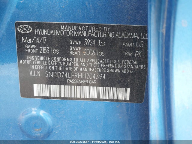 Hyundai ELANTRA SE 2017 5NPD74LF9HH204394 Image 9