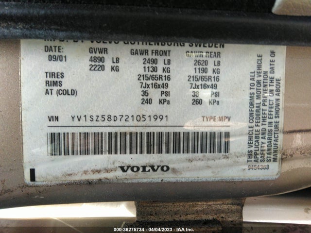 2002 VOLVO V70 VIN: YV1SZ58D721051991
