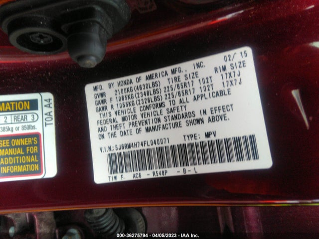 Honda Cr-v Ex-l 2015 5J6RM4H74FL040071 Image 9