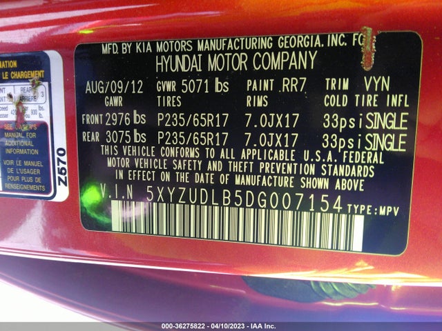 2013 HYUNDAI SANTA FE SPORT VIN: 5XYZUDLB5DG007154