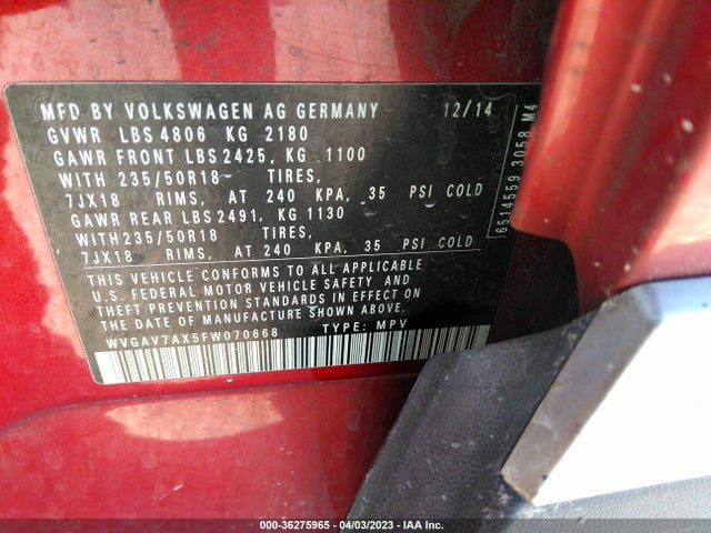 WVGAV7AX5FW070668 Volkswagen TIGUAN SE