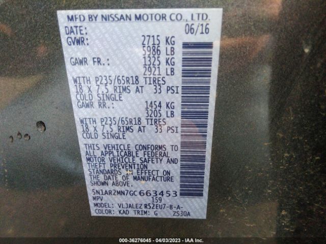 5N1AR2MN7GC663453 Nissan Pathfinder Sv