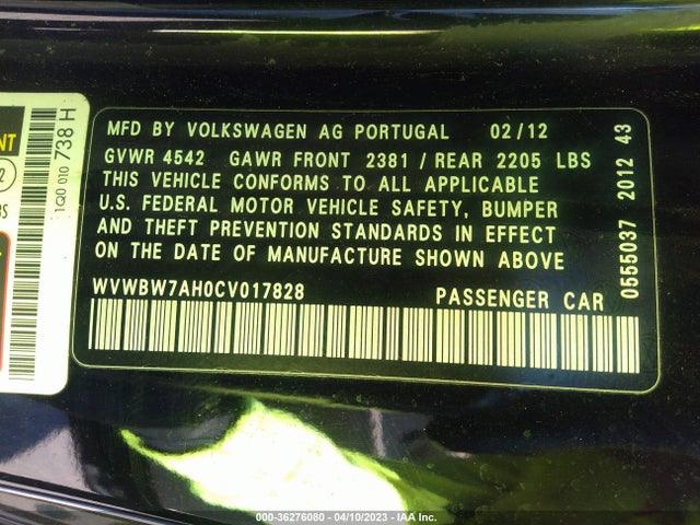 2012 VOLKSWAGEN EOS KOMFORT VIN: WVWBW7AH0CV017828