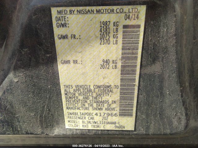 1N4BL3AP0EC417966 Nissan Altima 3.5 Sl