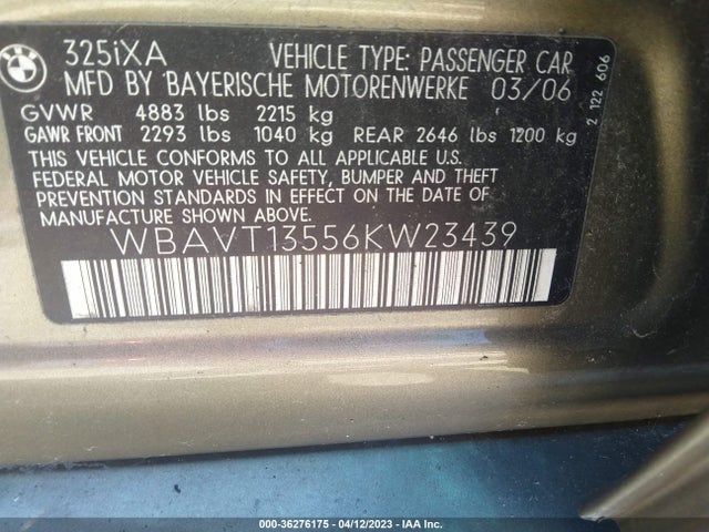 2006 BMW 3 SERIES 325XI VIN: WBAVT13556KW23439