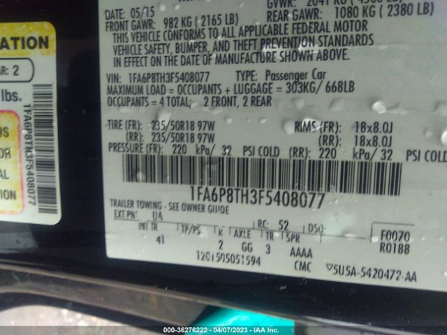 1FA6P8TH3F5408077 Ford Mustang Ecoboost