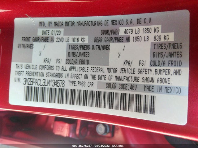 2020 MAZDA MAZDA3 SEDAN SELECT PACKAGE VIN: 3MZBPACL3LM134578