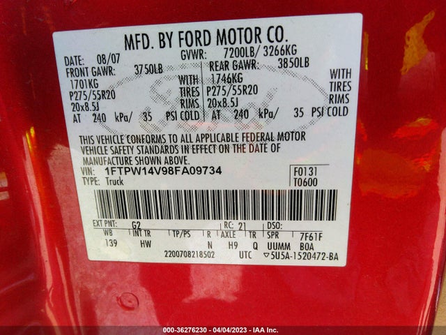 2008 FORD F-150 XLT/FX4/LARIAT VIN: 1FTPW14V98FA09734