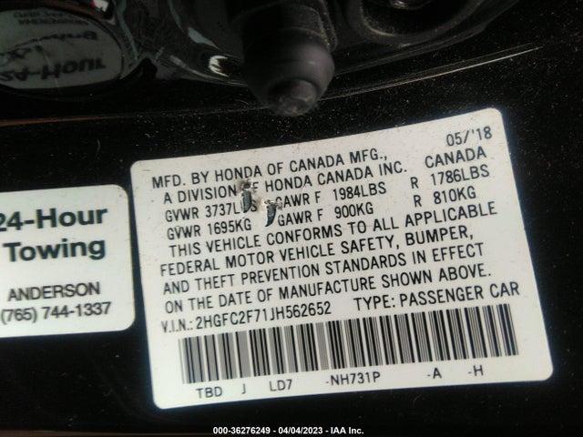 Honda CIVIC EX 2018 2HGFC2F71JH562652 Image 9