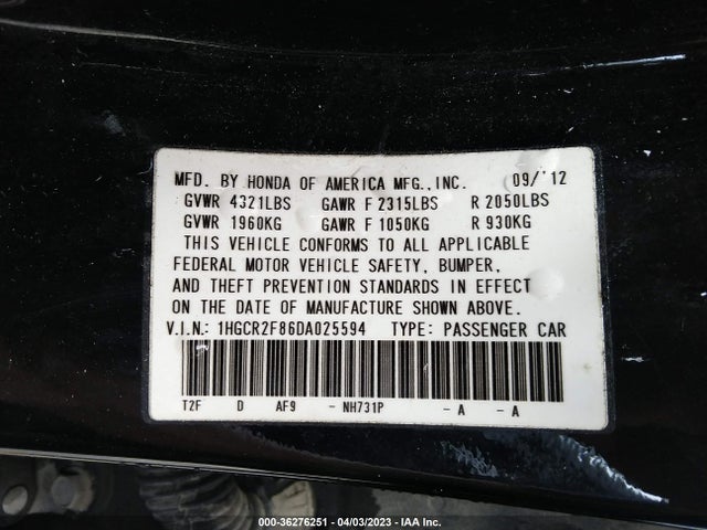 2013 HONDA ACCORD SDN EX-L VIN: 1HGCR2F86DA025594