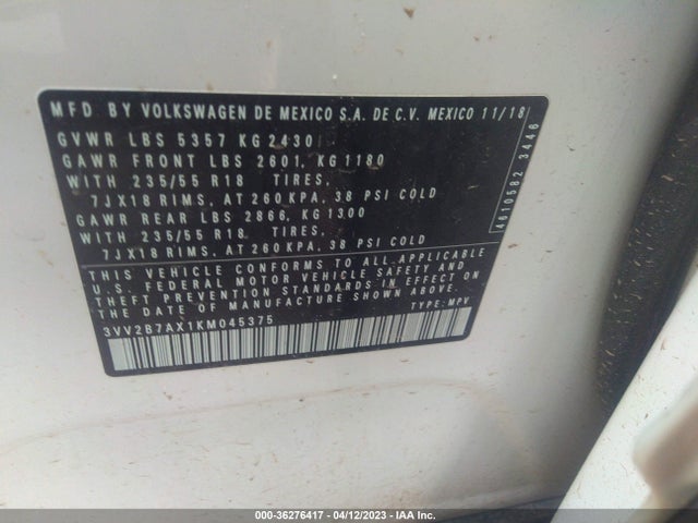 3VV2B7AX1KM045375 Volkswagen Tiguan Se/sel/sel R-line