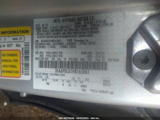 3FA6P0LU1HR165061 Ford Fusion Hybrid Se