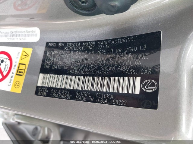 58ABK1GG2GU013187 Lexus ES 350