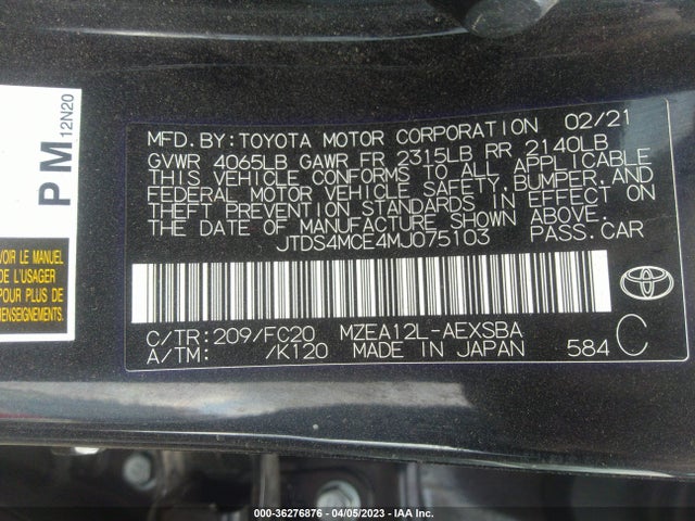 2021 TOYOTA COROLLA SE/NIGHTSHADE/APEX SE VIN: JTDS4MCE4MJ075103