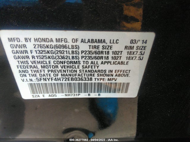 Honda Pilot Ex-l 2014 5FNYF4H72EB036338 Image 9