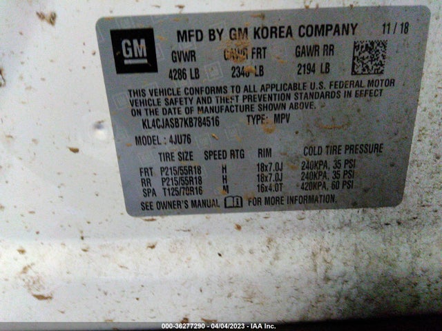 2019 BUICK ENCORE PREFERRED VIN: KL4CJASB7KB784516