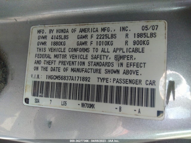 2007 HONDA ACCORD SDN EX-L VIN: 1HGCM56837A171892