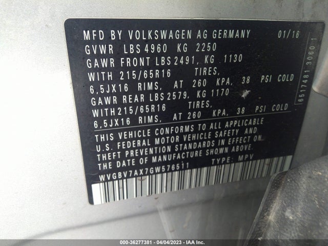 WVGBV7AX7GW576511 Volkswagen TIGUAN S