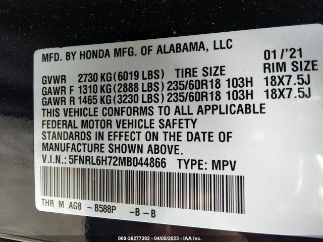 Honda Odyssey Ex-l 2021 5FNRL6H72MB044866 Image 9