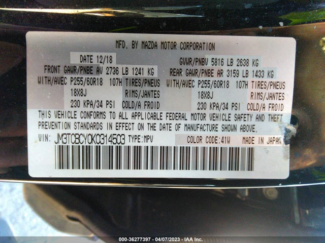 2019 MAZDA CX-9 TOURING VIN: JM3TCBCY0K0314503