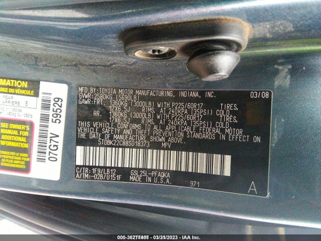 2008 TOYOTA SIENNA XLE VIN: 5TDBK22C88S018373