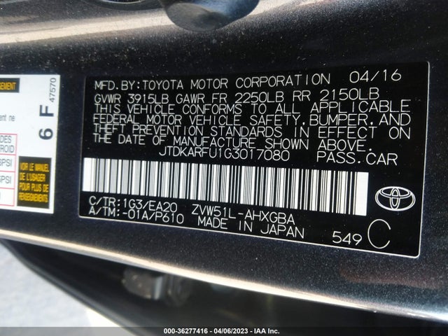 Toyota Prius Four 2016 JTDKARFU1G3017080 Image 9