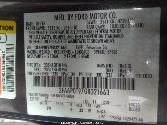 Ford FUSION SE 2016 3FA6P0T97GR321663 Image 11