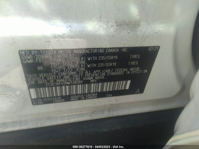 2021 TOYOTA RAV4 XLE PREMIUM VIN: 2T3C1RFV2MW138089