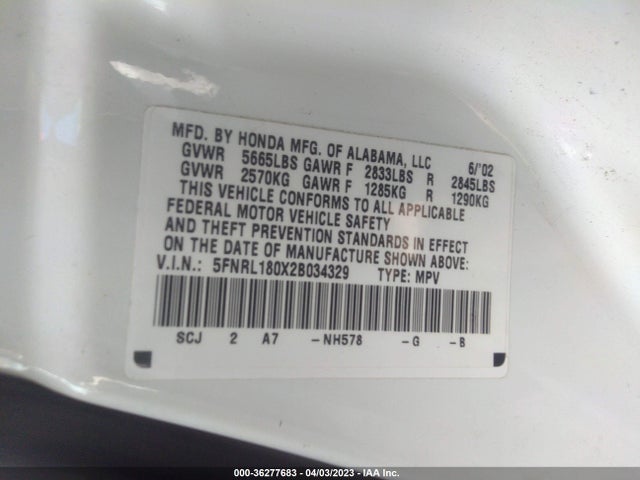 2002 HONDA ODYSSEY EX-L W/DVD/LEATHER VIN: 5FNRL180X2B034329
