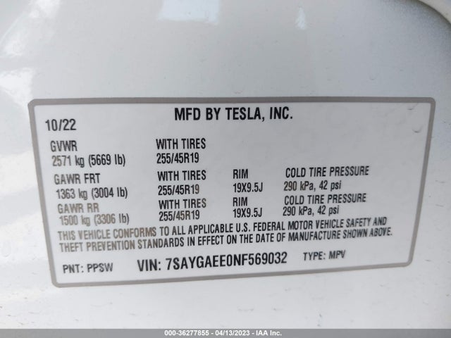 Tesla Model Y Long Range 2022 7SAYGAEE0NF569032 Image 10