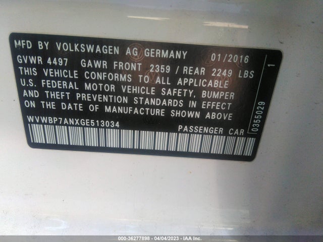 2016 Volkswagen CC, VIN: WVWBP7ANXGE513034