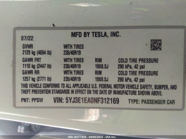 5YJ3E1EA0NF312169 Tesla MODEL 3