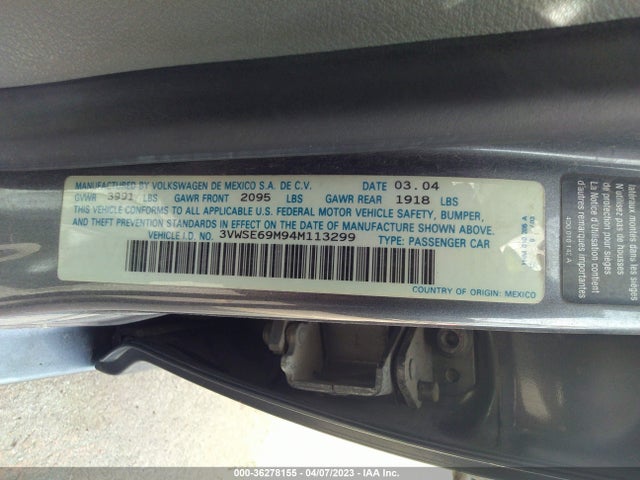 2004 VOLKSWAGEN JETTA SEDAN GLS VIN: 3VWSE69M94M113299