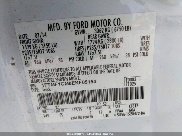 2014 FORD F-150 XL/XLT/STX VIN: 1FTMF1CM8EKF05154