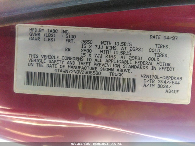 1997 TOYOTA TACOMA VIN: 4TAWN72N0VZ306580