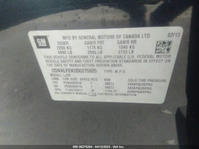 2013 CHEVROLET EQUINOX LTZ VIN: 2GNALFEK3D6275925