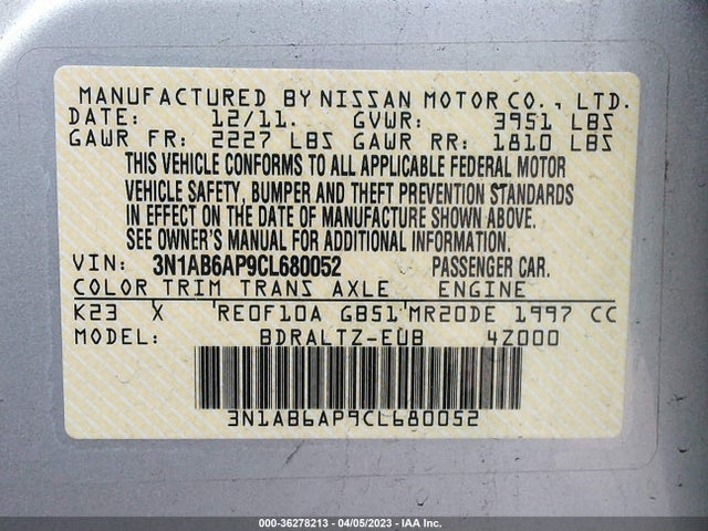 2012 NISSAN SENTRA 2.0 S VIN: 3N1AB6AP9CL680052