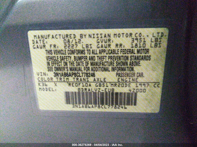 2012 NISSAN SENTRA 2.0 SL VIN: 3N1AB6AP8CL778246