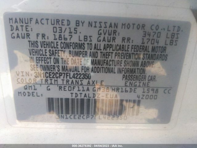 3N1CE2CP7FL422350 Nissan Versa Note S/s Plus/sv/sr/sl