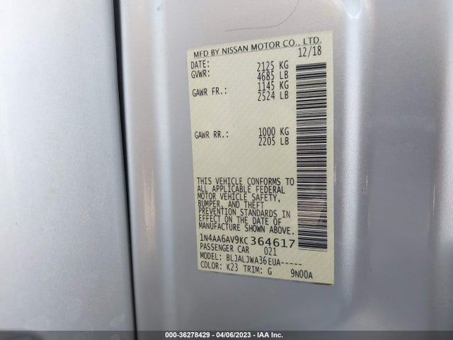 Nissan MAXIMA SV 2019 1N4AA6AV9KC364617 Image 9